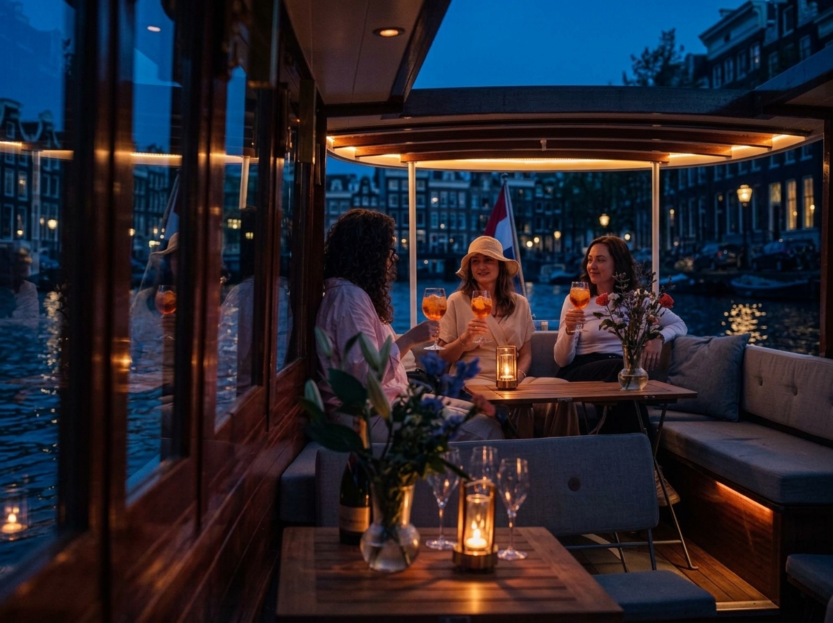 Samen borrelen aan boord van een salonboot bij avond