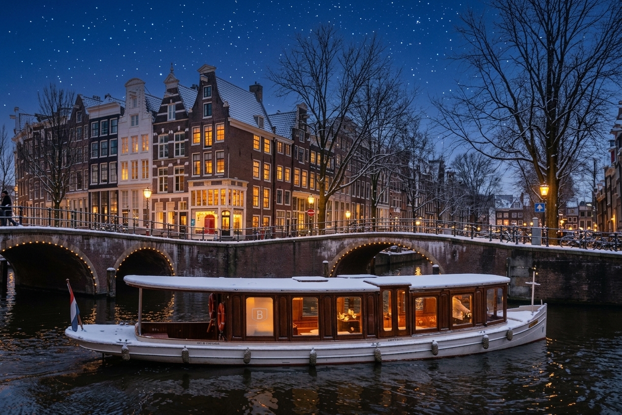 Salonboot Marie Zurlohe langs een besneeuwde Amsterdamse gracht bij avond
