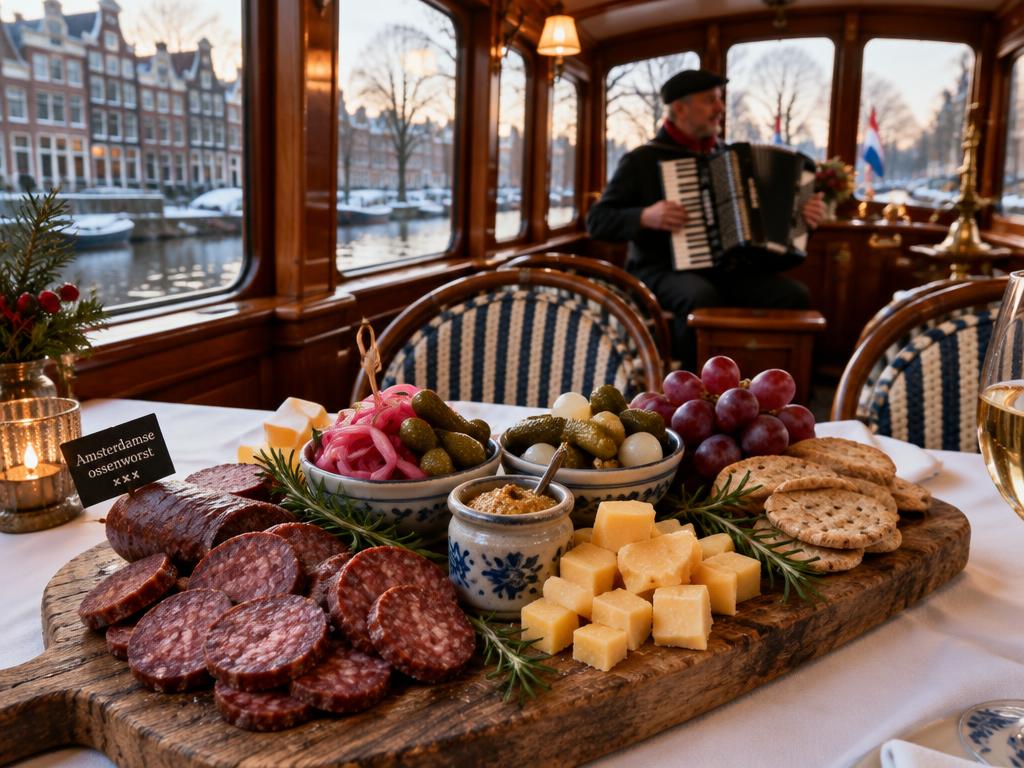 Amsterdamse borrelplank met ossenworst en zuren aan boord van een salonboot, met een accordeonist