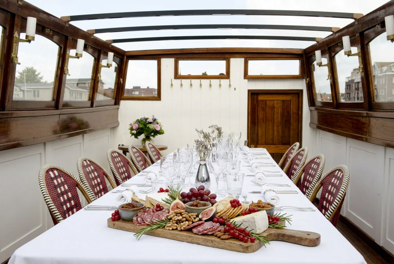 Feestelijke winterse borrelplank op tafel aan boord van een salonboot