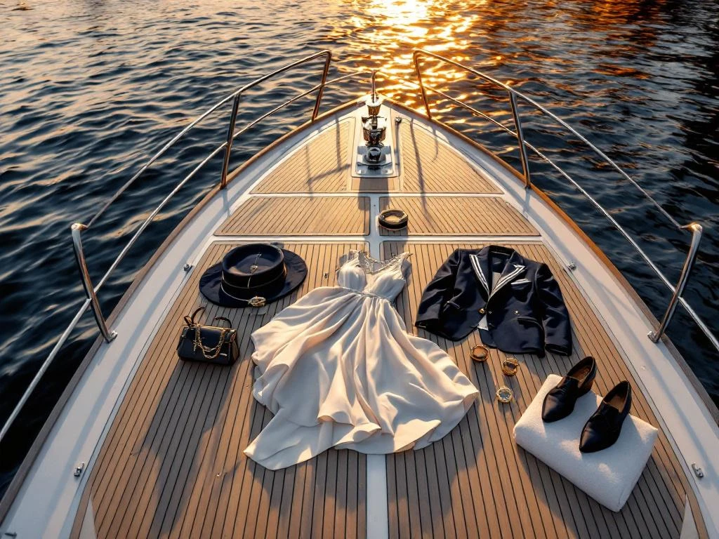 Elegante bootdek op Amsterdamse grachten met feestkleding uitgestald tijdens gouden uur, luxe nautische sfeer