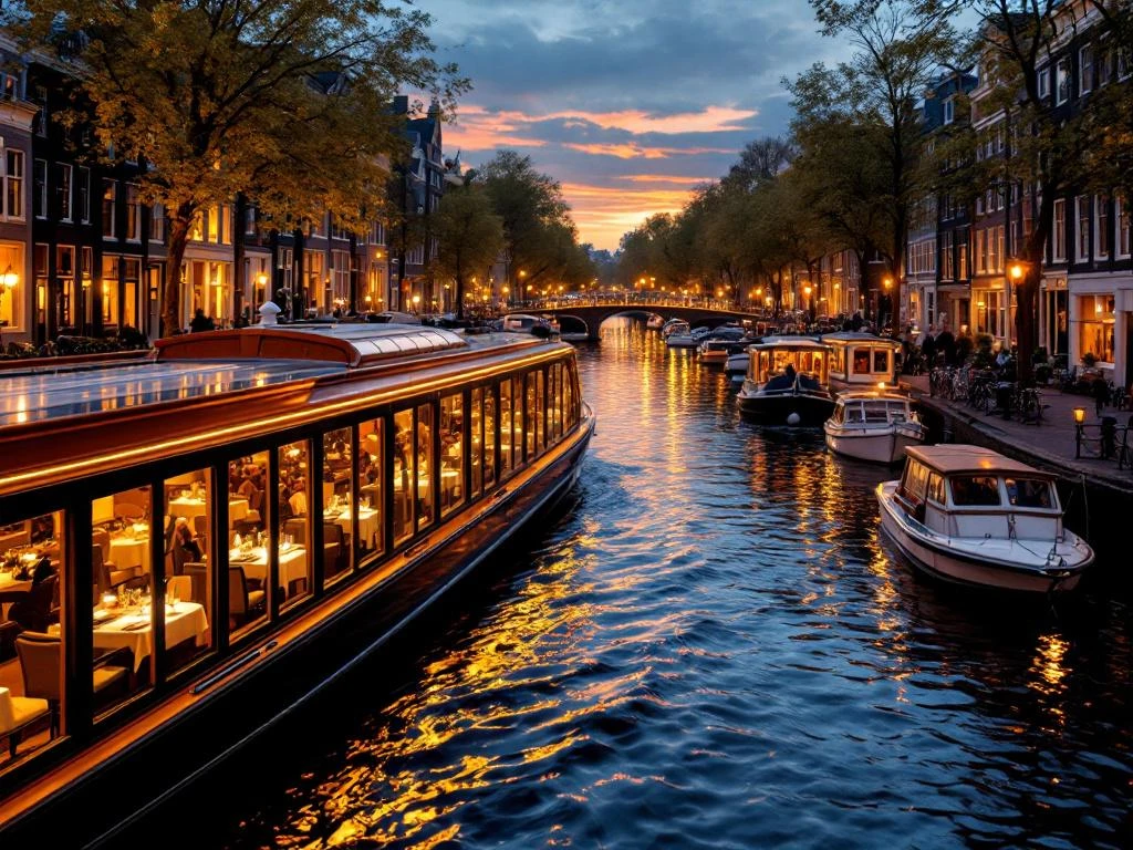 Luxe dinerboot vaart door Amsterdamse grachten bij zonsondergang met historische grachtenpanden en warme verlichting