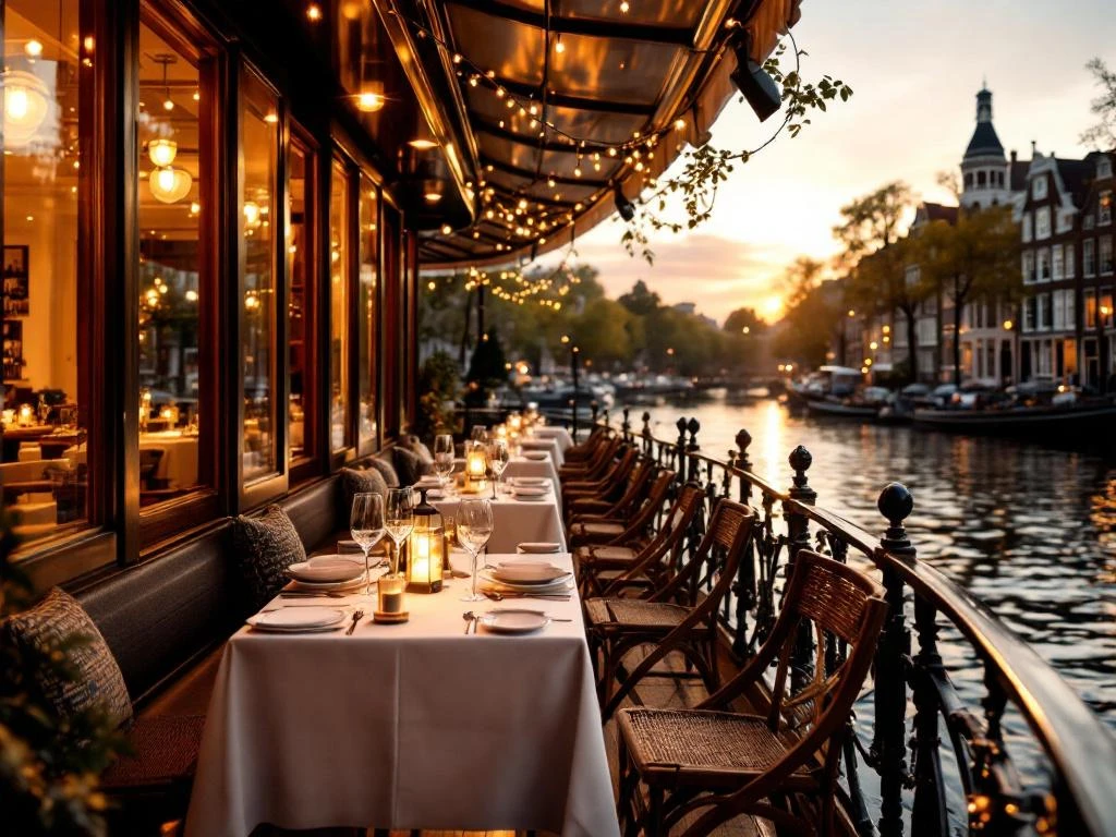 Luxe dinercruise boot op Amsterdamse grachten tijdens gouden uur met elegante tafelopstelling en historische grachtenpanden