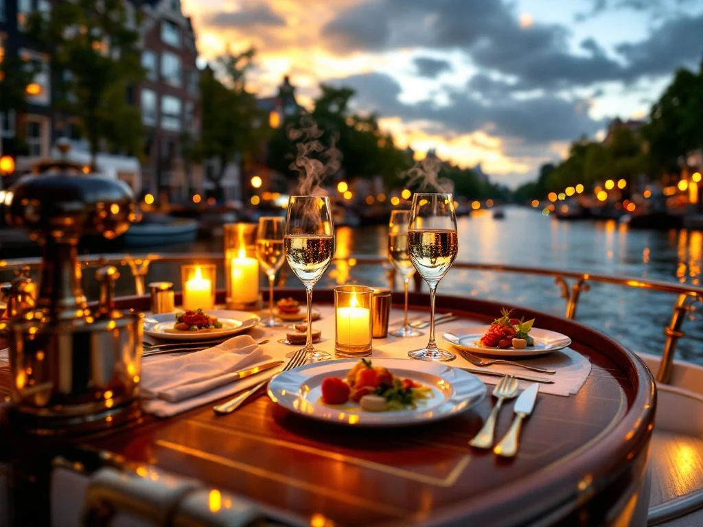 Luxe dinerboot met gedekte tafels vaart door Amsterdamse grachten tijdens gouden uur met historische panden op achtergrond