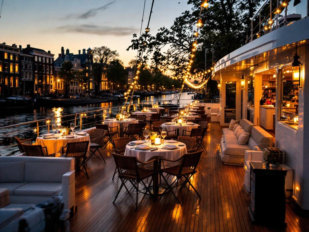 Luxe dinnerboot met elegante tafels en verlichting op Amsterdamse gracht tijdens gouden uur met historische grachtenpanden