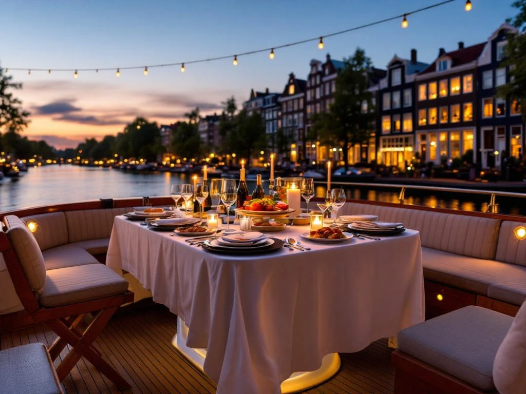 Luxe bootdek dining setup op Amsterdamse grachten bij zonsondergang met fine dining catering en historische huizen