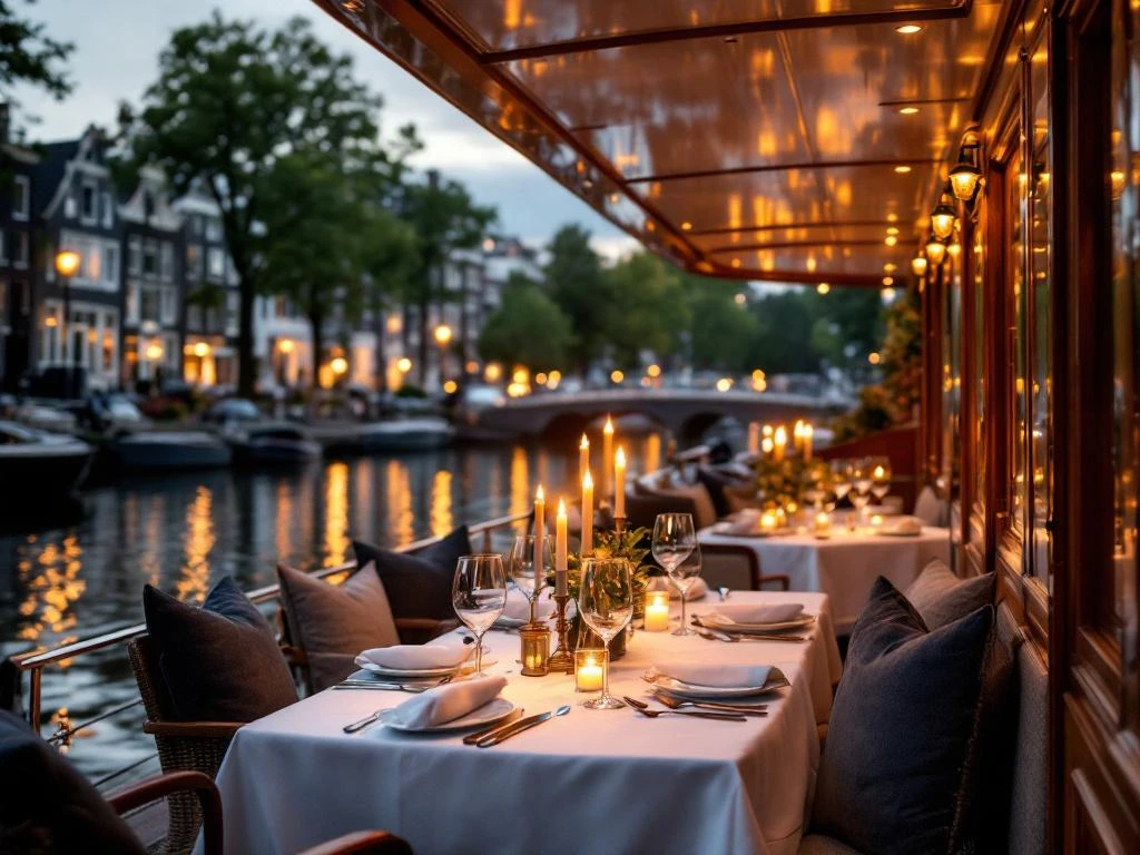 Luxe dinercruiseboot met elegante tafel op Amsterdamse gracht tijdens gouden uur met historische grachtenpanden