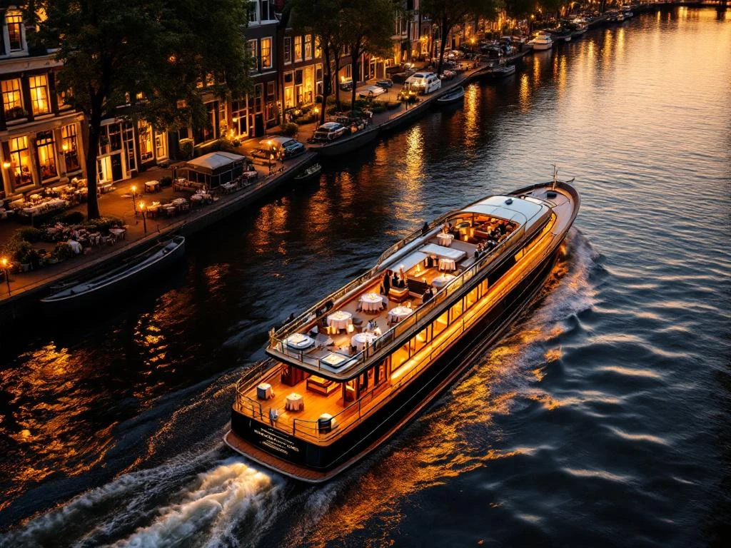 Luxe dinerboot met verlichte tafels vaart door Amsterdamse grachten tijdens gouden uur met historische panden