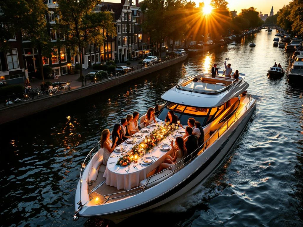 Luxe jacht met dinertafel en gasten op Amsterdamse grachten tijdens gouden uur met historische grachtenpanden