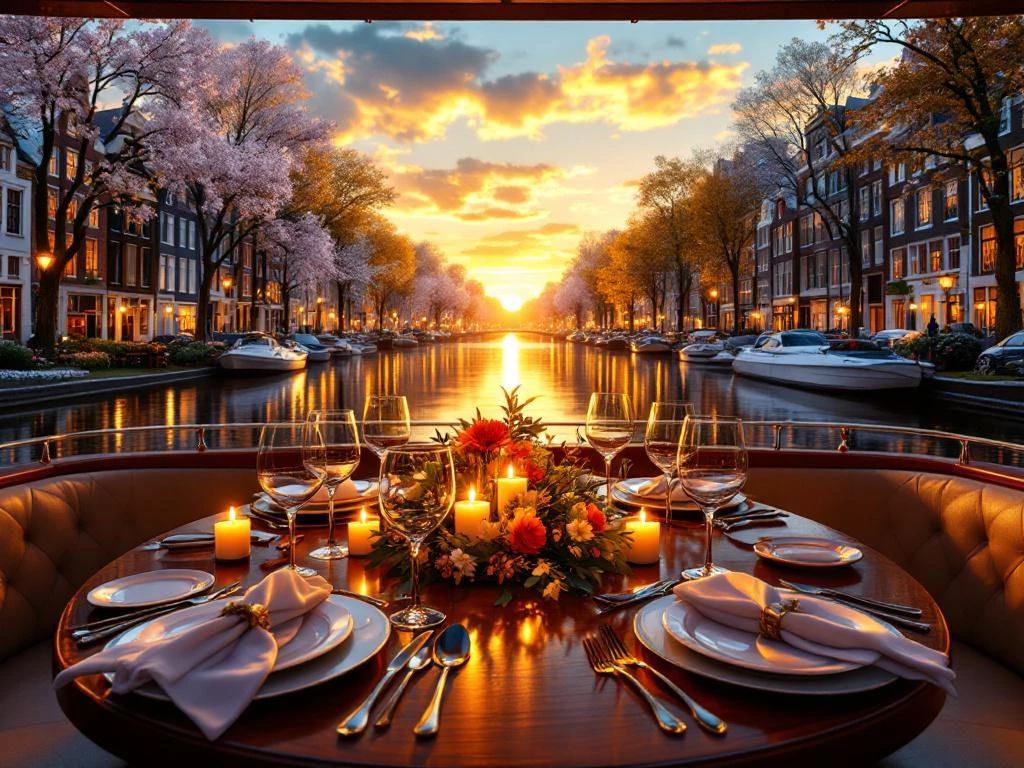 Elegante dinertafel op luxe boot in Amsterdamse gracht met vier seizoenen overgang en kaarslicht