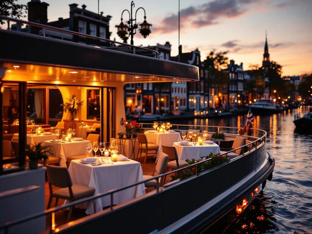 Luxe canalboot met elegante dinertafel vaart door Amsterdamse grachten bij zonsondergang met historische grachtenpanden