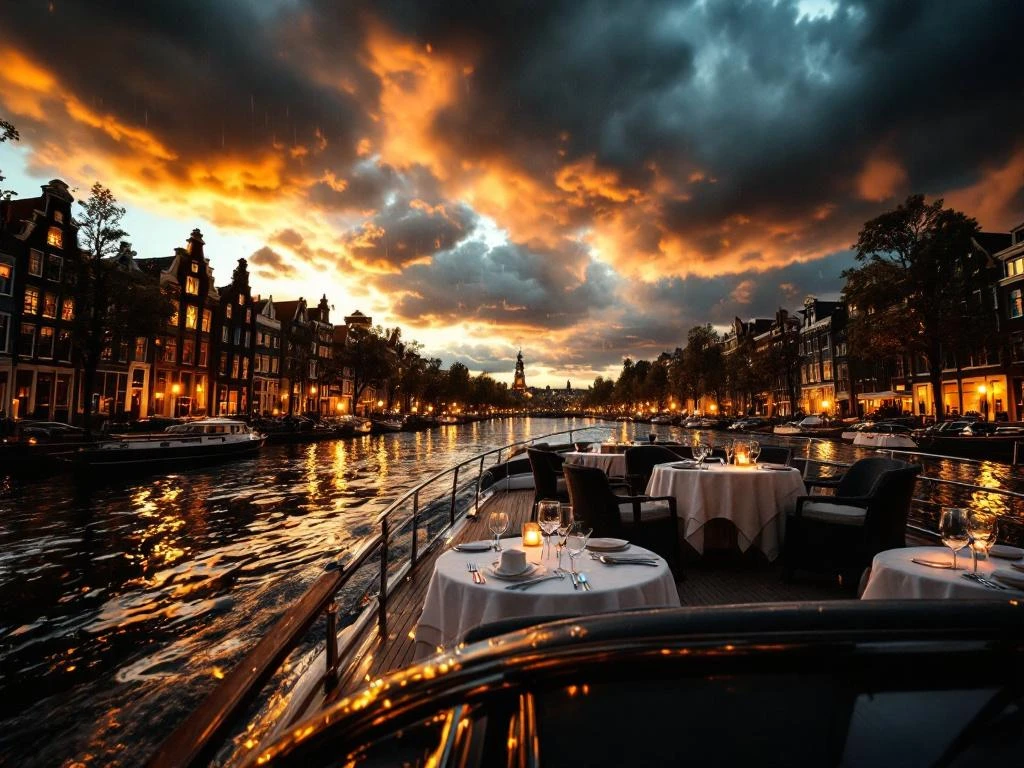 Luxe kanaalboot met elegant diner vaart door Amsterdamse grachten tijdens gouden uur met donkere onweerswolken