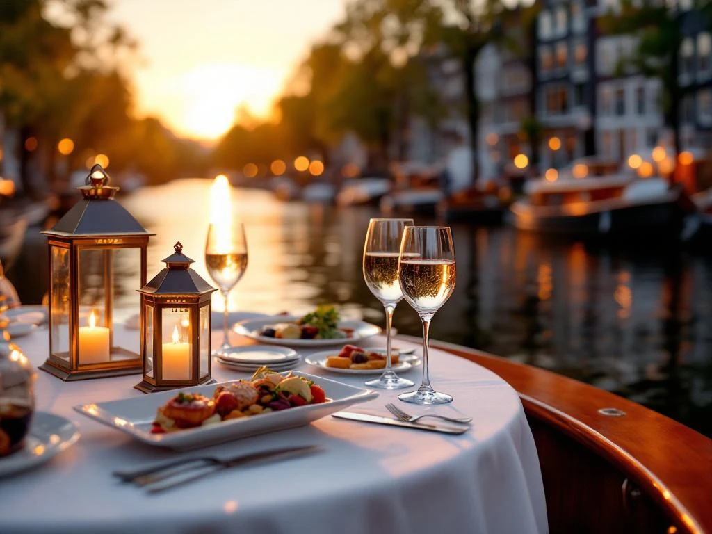 Luxe diner op elegante grachtenboot in Amsterdam tijdens gouden uur met kristallen glazen en historische grachtenpanden