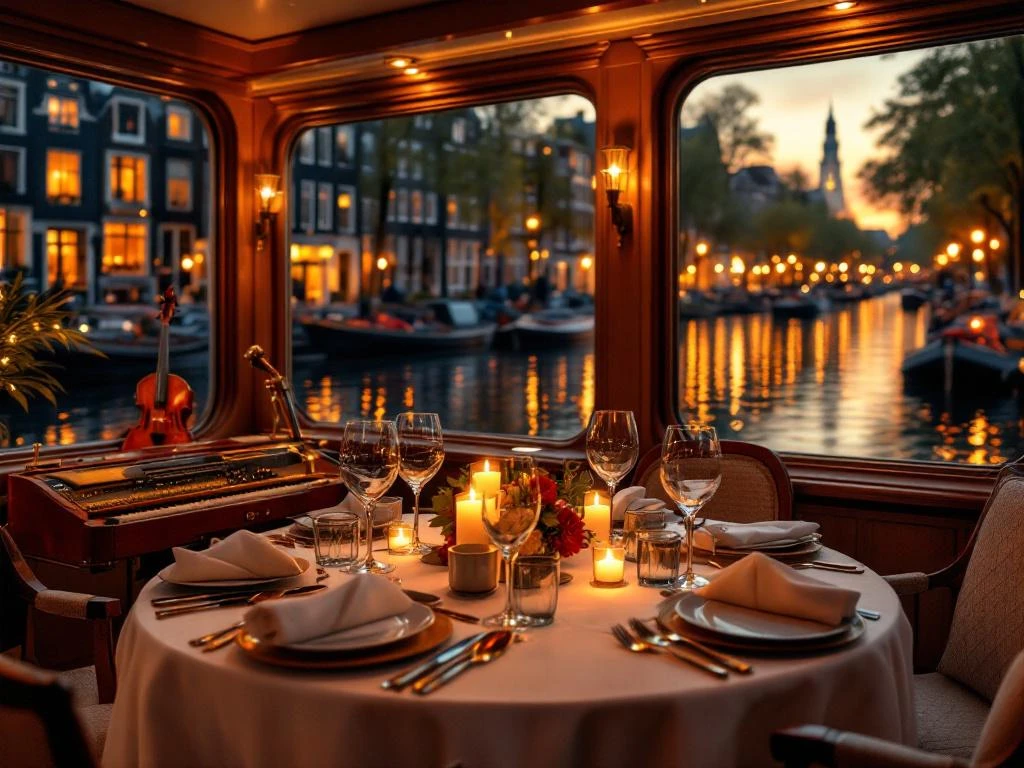 Luxe dinertafel op elegante grachtenboot in Amsterdam tijdens gouden uur met kaarslicht en historische huizen
