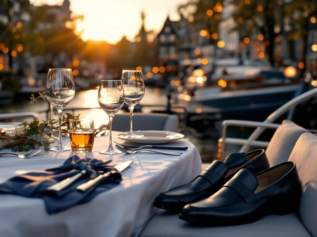 Luxe bootdek met gedekte tafel en elegante kleding tijdens gouden uur op Amsterdamse grachten met historische huizen