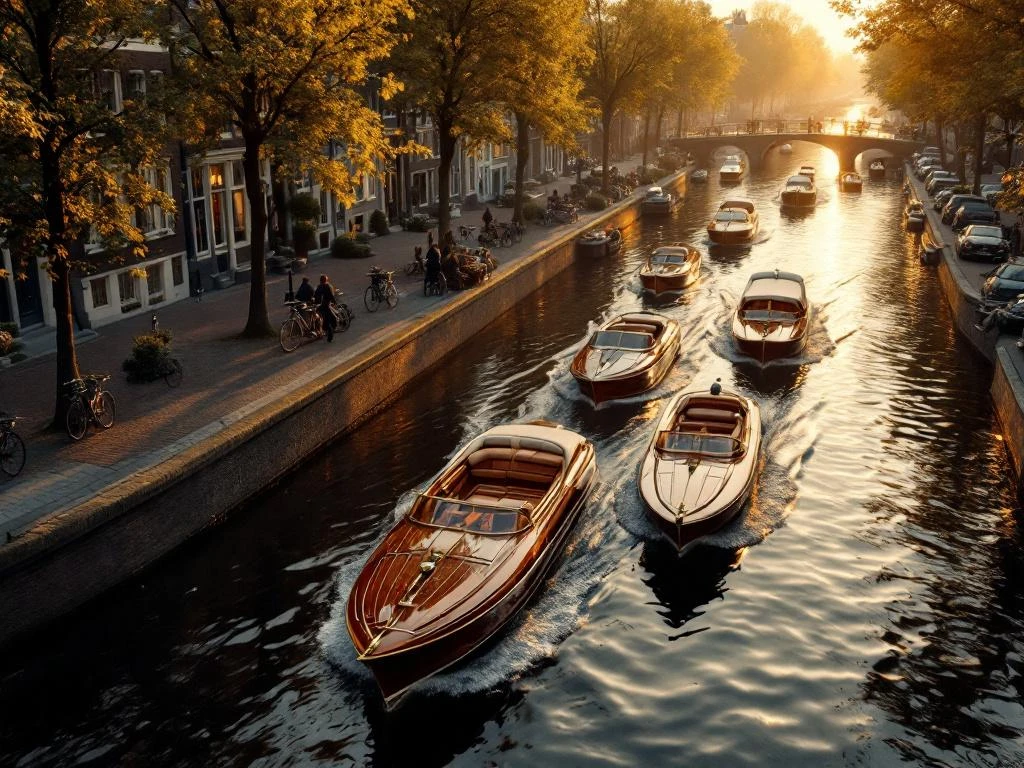 Luxe salonboten met houten rompen varen door Amsterdamse grachten langs historische grachtenpanden tijdens gouden uur