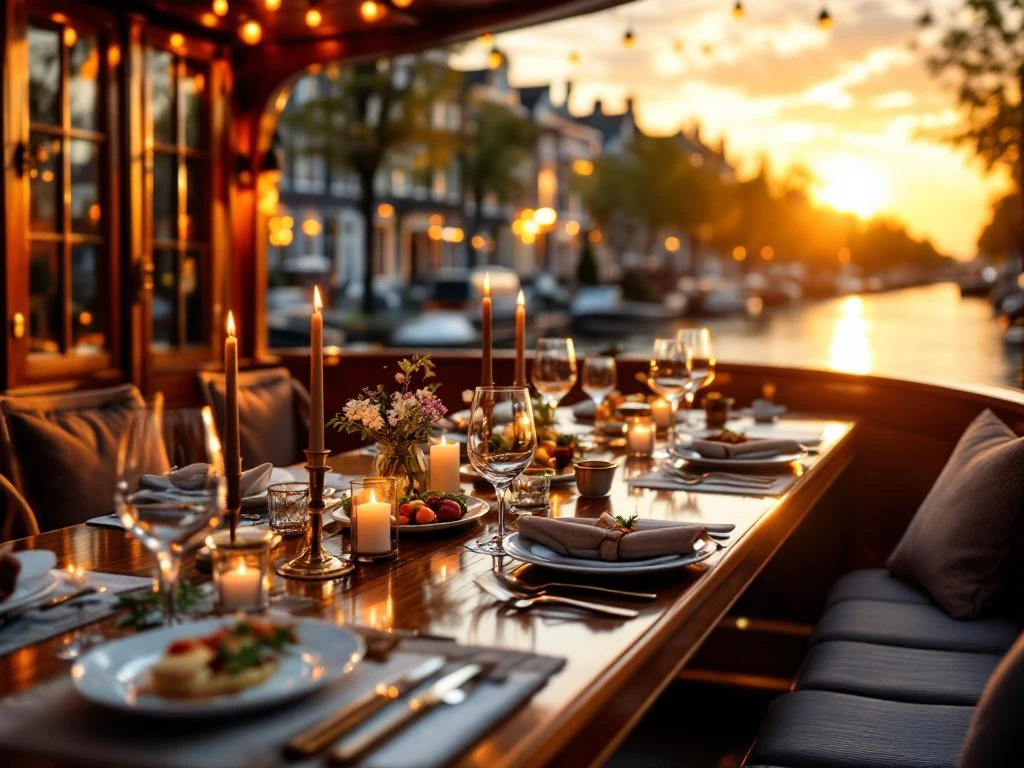 Luxe zakendiner op Amsterdamse grachtenboot met gedekte tafel, kristal en kaarsen tijdens gouden uurtje