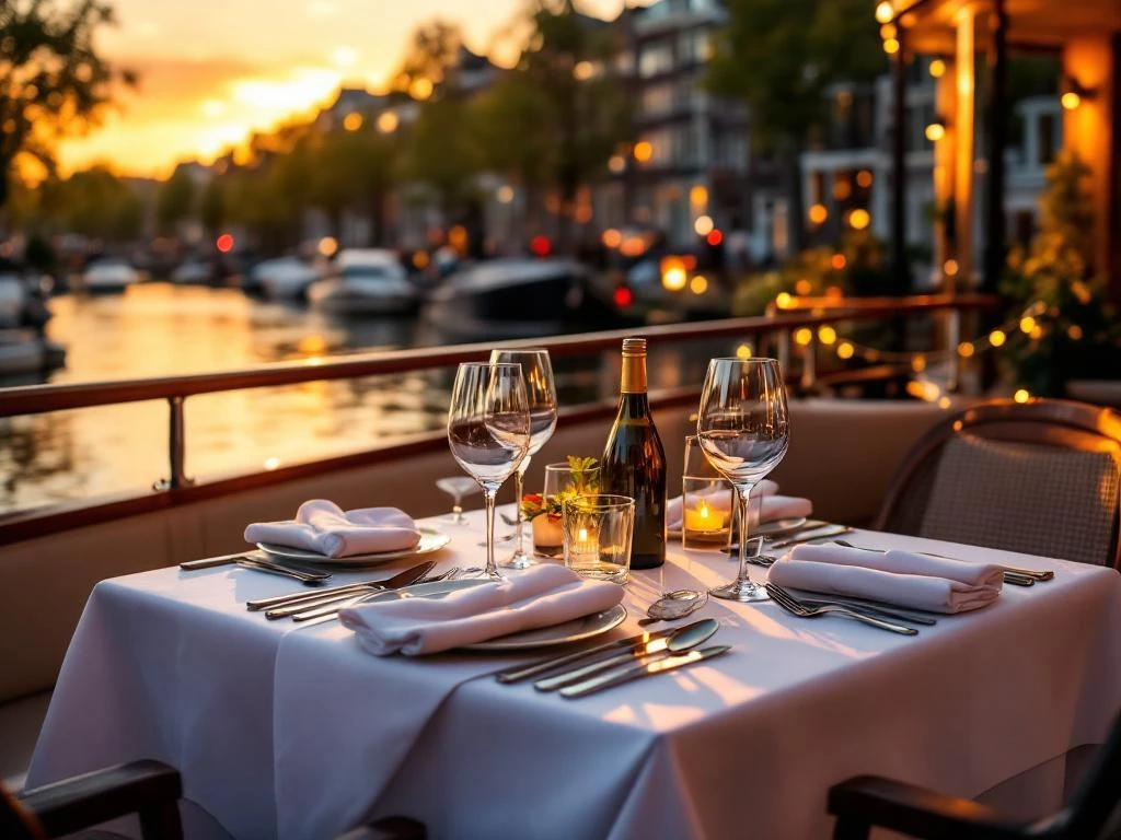 Luxe bootdek met gedekte tafel voor zakelijke dining, Amsterdamse grachtenhuizen op achtergrond tijdens zonsondergang