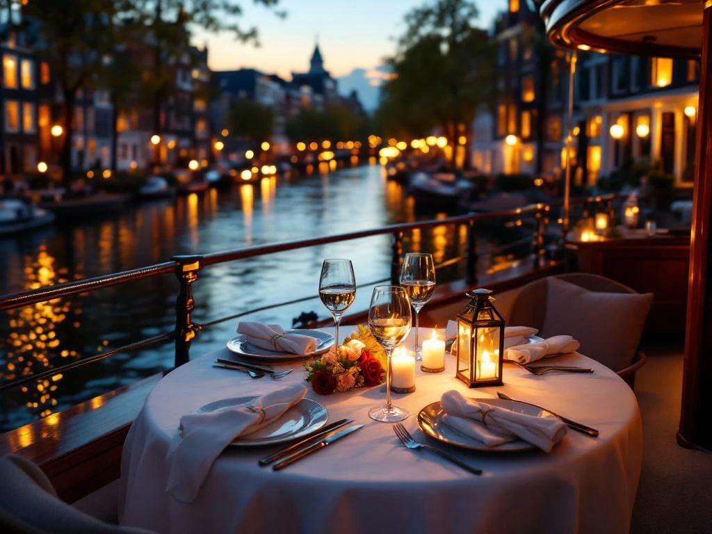 Luxe dinertafel op boot in Amsterdam kanalen bij zonsondergang met kristal glazen en kaarslicht