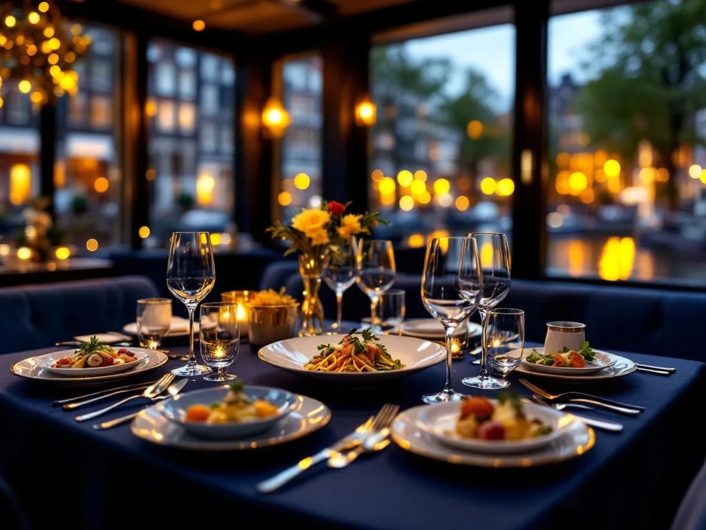 Luxe diner tafel op premium rondvaartboot Amsterdam met kristal glazen, zilverwerk en gourmet gerechten bij kanalengracht