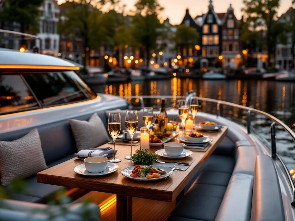 Luxe feestboot met champagne en gastronomisch diner vaart door Amsterdamse grachten tijdens gouden uur