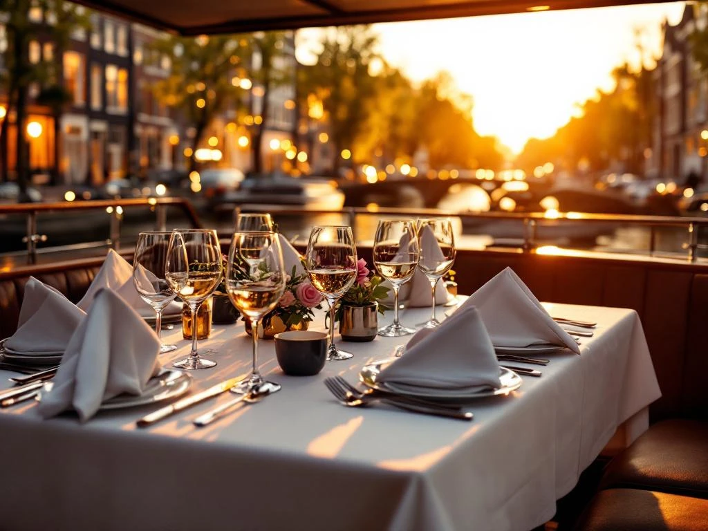 Luxe zakendiner op elegante grachtenboot Amsterdam met gedekte tafel, kristal en historische grachtenpanden op achtergrond