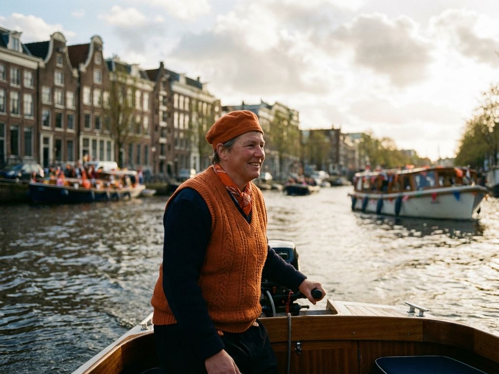 Vrolijke persoon in oranje traditionele Nederlandse kleding bestuurt huurboot door rustige Amsterdamse gracht