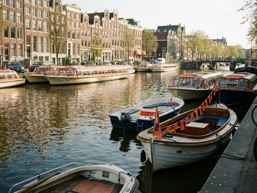 Kleurrijke huurboten gemeerd langs Amsterdamse gracht met historische grachtenpanden en oranje decoraties