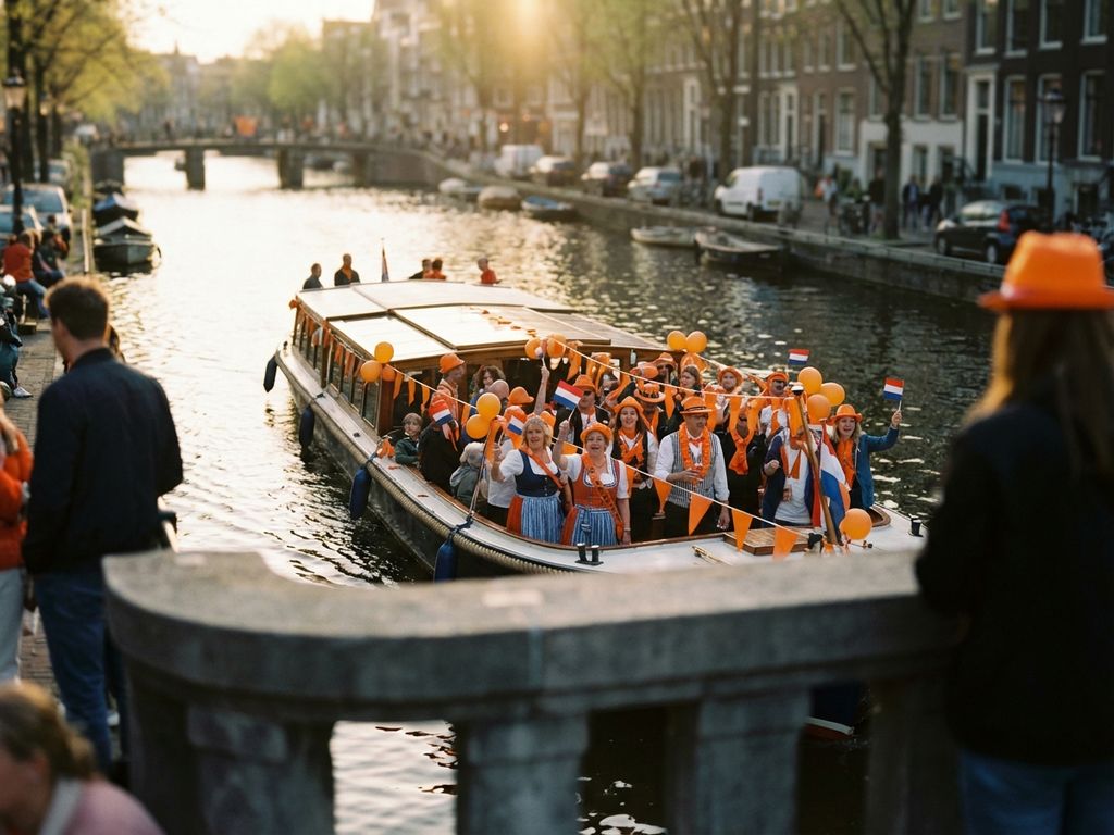 Feestelijk oranje versierde rondvaartboot met passagiers in traditionele Nederlandse kleding op Amsterdamse gracht