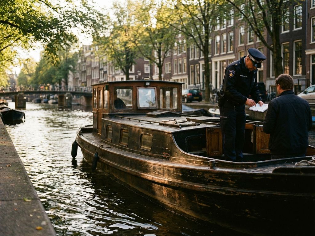 Inspecteur controleert documenten op traditionele rondvaartboot in Amsterdamse gracht met historische grachtenpanden