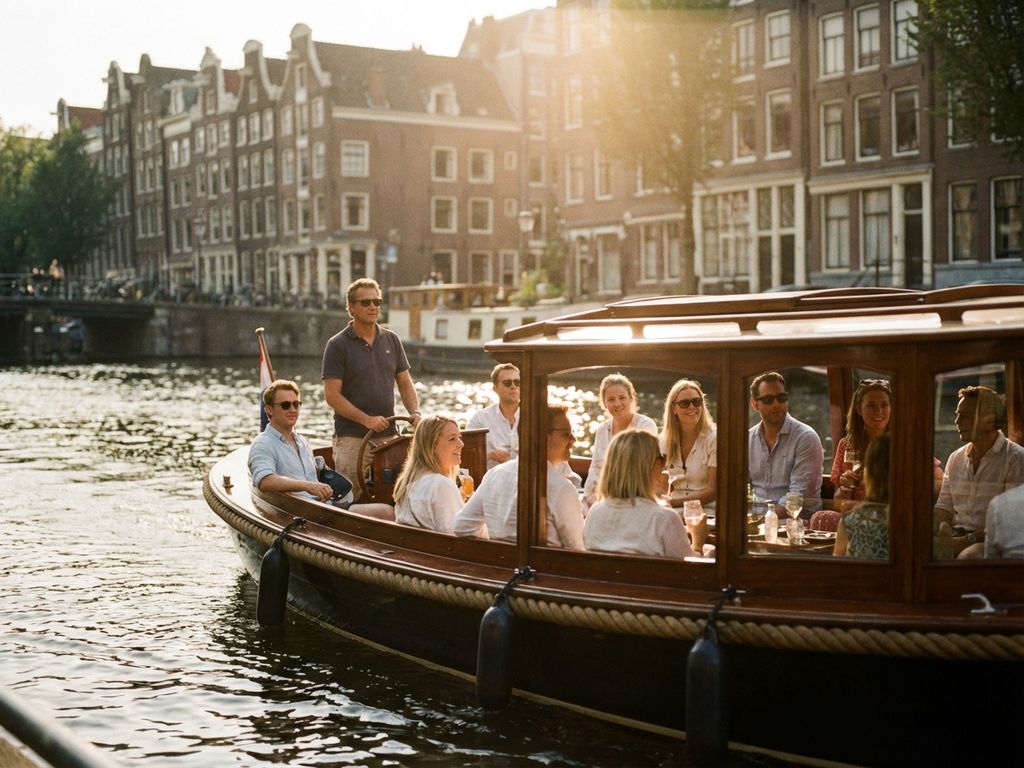 Traditionele Amsterdamse rondvaartboot met passagiers vaart door grachten met historische gevels op zonnige middag