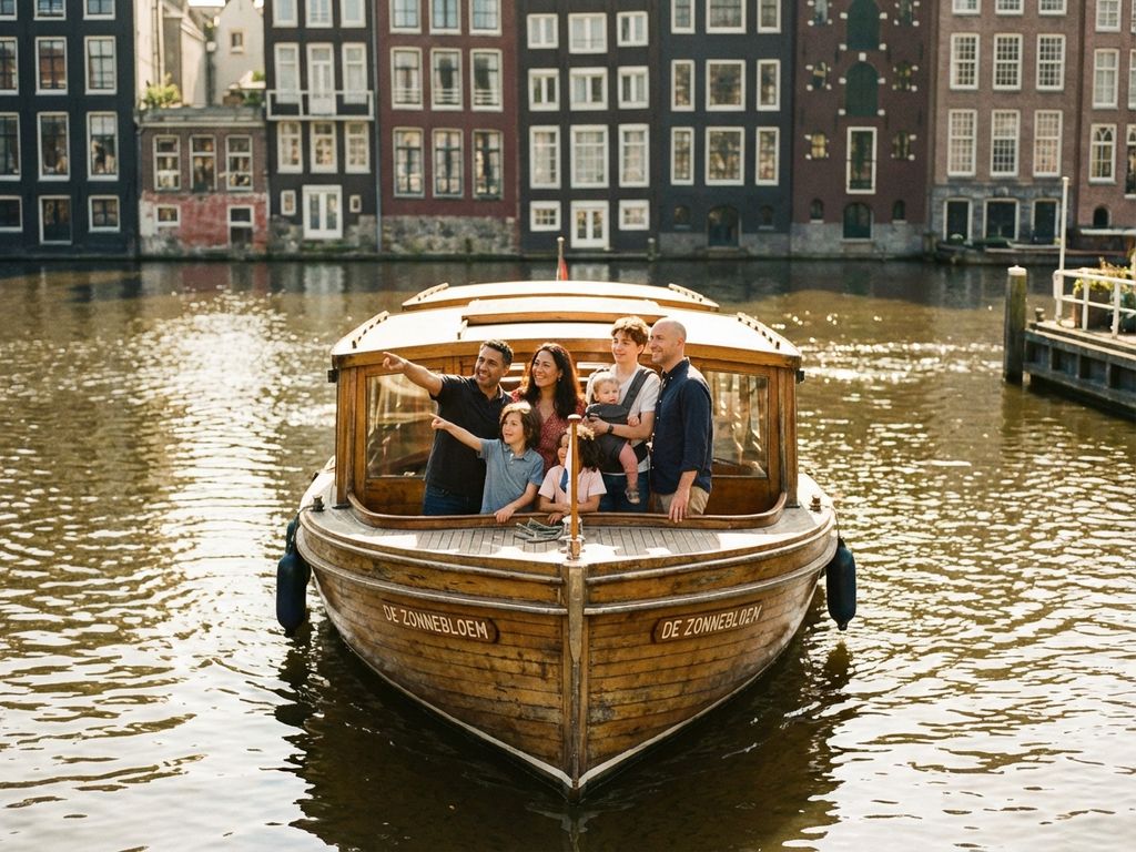 Diverse familie op traditionele Amsterdamse rondvaartboot bij historische grachtenpanden in gouden middaglicht