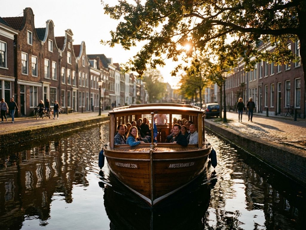 Traditionele Amsterdamse rondvaartboot met passagiers vaart door grachten tussen historische 17e-eeuwse grachtenpanden