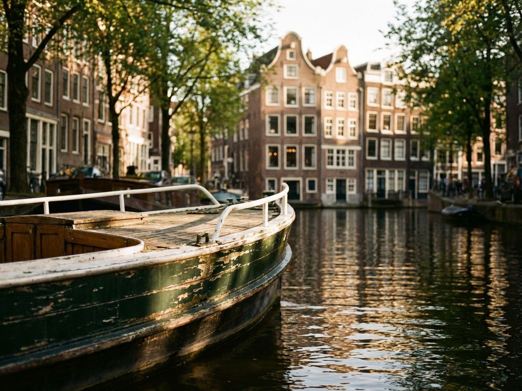 Traditionele Amsterdamse rondvaartboot vaart door smalle gracht met historische grachtenpanden op de achtergrond