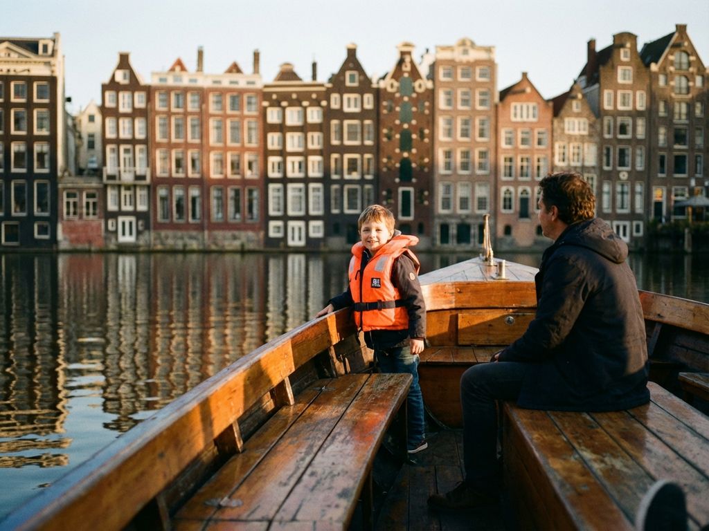 Kind in oranje zwemvest staat op Amsterdamse rondvaartboot met historische grachtenpanden op achtergrond