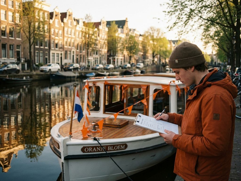 Jongere in oranje kleding controleert checklist op witte boot met Nederlandse vlaggen in Amsterdamse gracht