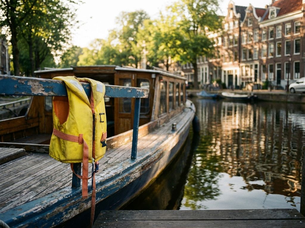 Traditionele Amsterdamse rondvaartboot met geel reddingsvest aan de rand, grachtenpanden weerspiegeld in kalm water