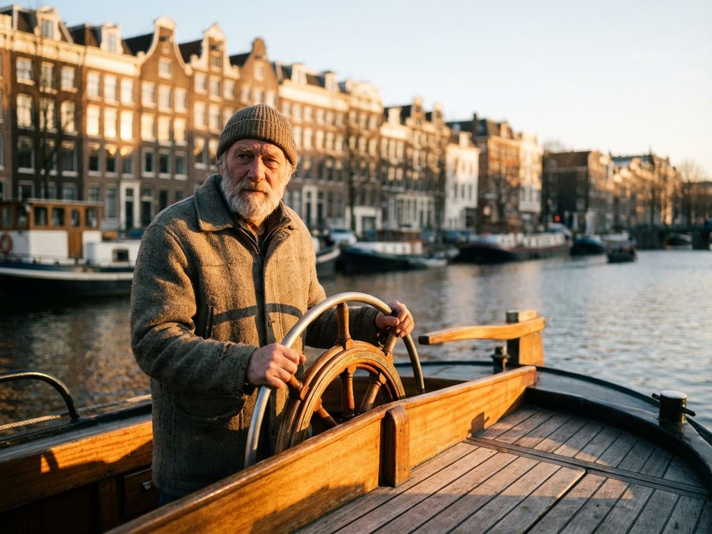 Ervaren kanaalbootkapitein aan het roer van traditionele Amsterdamse rondvaartboot bij zonsondergang op de grachten