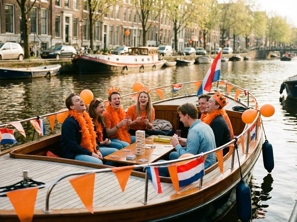 Vrienden in oranje kleding lachen en spelen spelletjes op Nederlandse sloep met vlaggen op Amsterdamse grachten