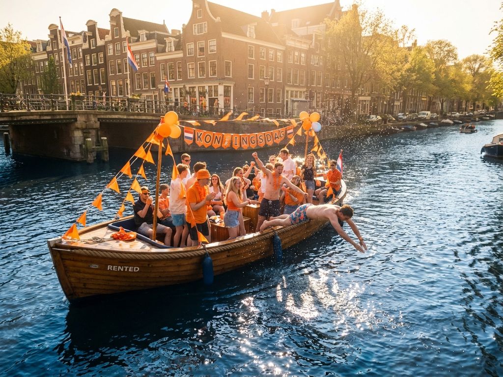 Mensen duiken en springen van boot met oranje Koningsdag versieringen in Amsterdamse gracht met historische huizen