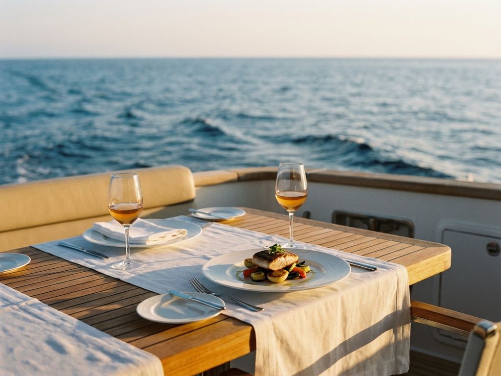 Elegant gedekte tafel op luxe jacht met gourmet maaltijd, kristallen glazen en oceaanzicht bij zonsondergang