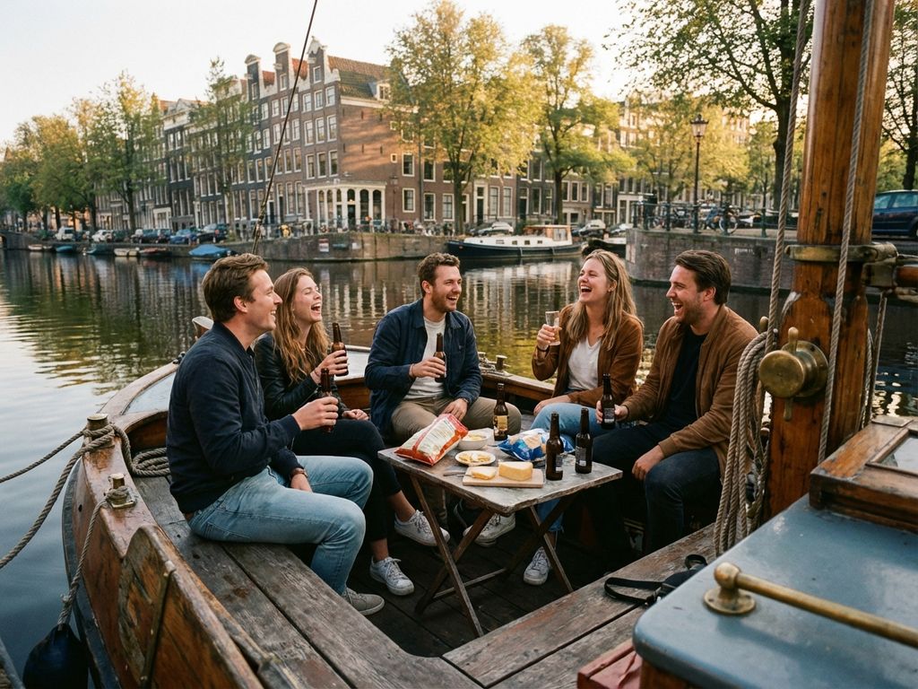 Vrienden lachen en drinken op traditionele Amsterdamse grachtenboot met historische grachtenpanden op achtergrond