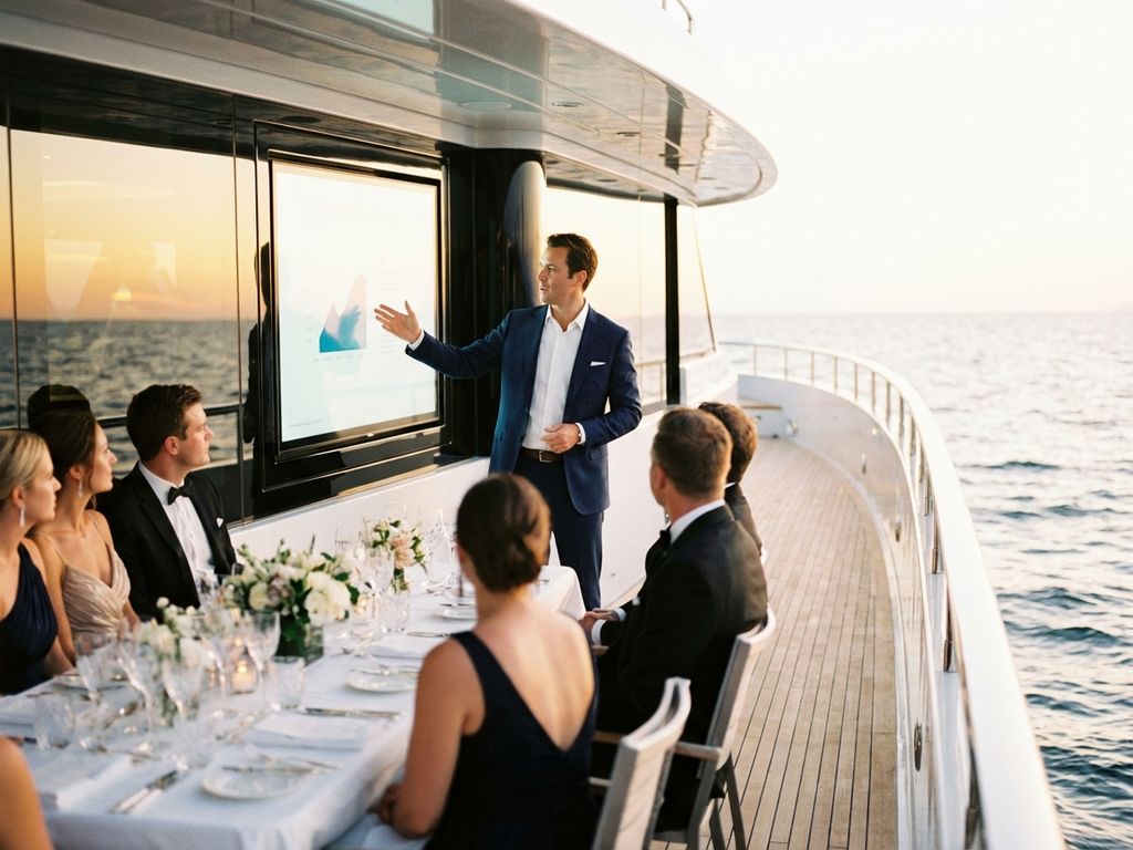 Zakenman presenteert op luxe jachtdek tijdens elegante diner met gasten in formele kleding bij zonsondergang