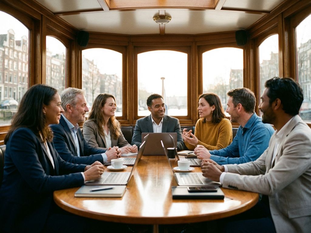 Diverse professionals overleggen rond tafel op Amsterdamse rondvaartboot met kanalenpand op achtergrond