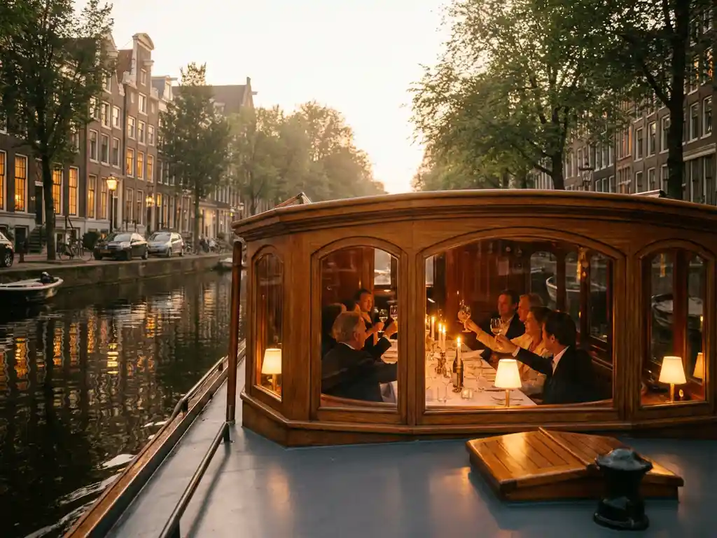 Historische overdekte salonboot uit 1910 vaart door smalle Amsterdamse gracht met gasten aan diner, warme verlichting weerkaatst in water