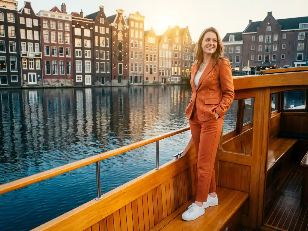 Jonge vrouw in oranje feestkleding staat op houten dek van klassieke Amsterdamse salonboot met historische grachtenpanden op achtergrond