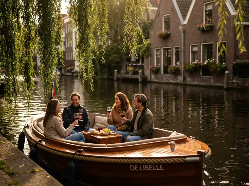 Elegante elektrische sloep met vier vrienden op Amsterdamse gracht tussen historische grachtenpanden met bloembakken