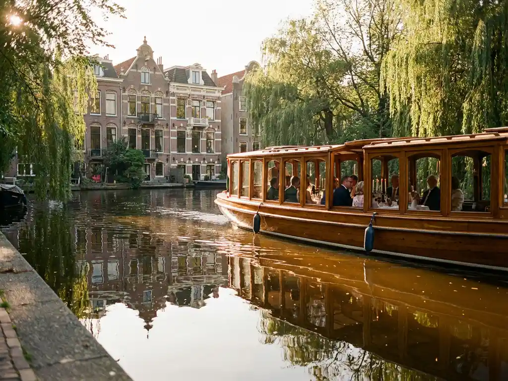 Klassieke houten salonboot vaart door smalle Amsterdamse gracht met gasten aan boord, historische grachtenpanden weerspiegelen in het water