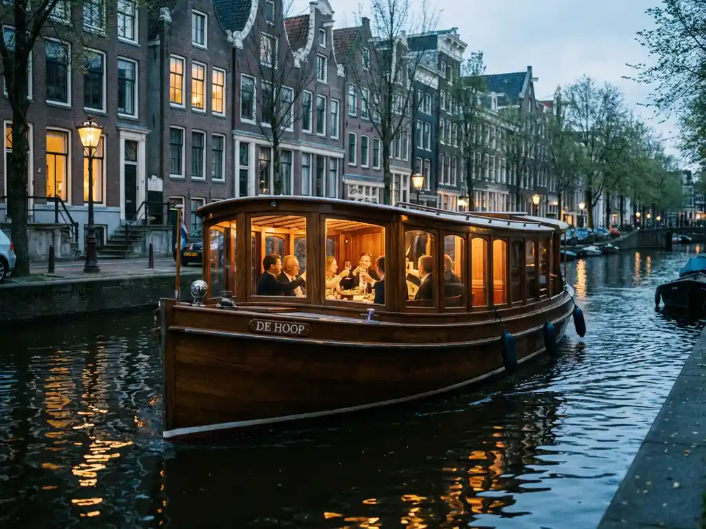 Klassieke overdekte salon tjalk uit 1910 met gepolijst iroko hout vaart door smalle Amsterdamse grachten, gasten dineren in verlichte salon, historische grachtenpanden reflecteren in water