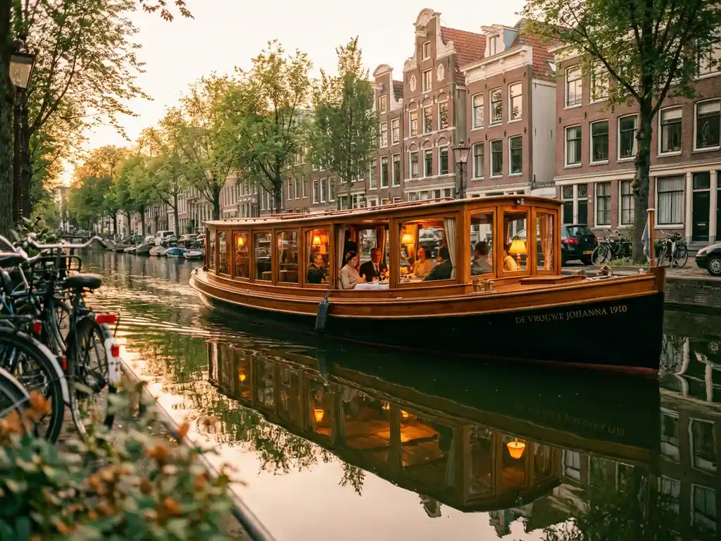 Historische overdekte tjalk uit 1910 vaart door smalle Amsterdamse grachten met gouden avondlicht op gepolijst iroko hout